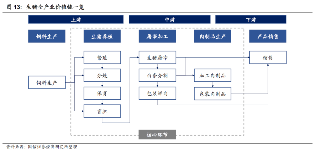 生豬產業價值鏈主要包含五個環節:飼料生產,生豬養殖,屠宰加工,肉製品