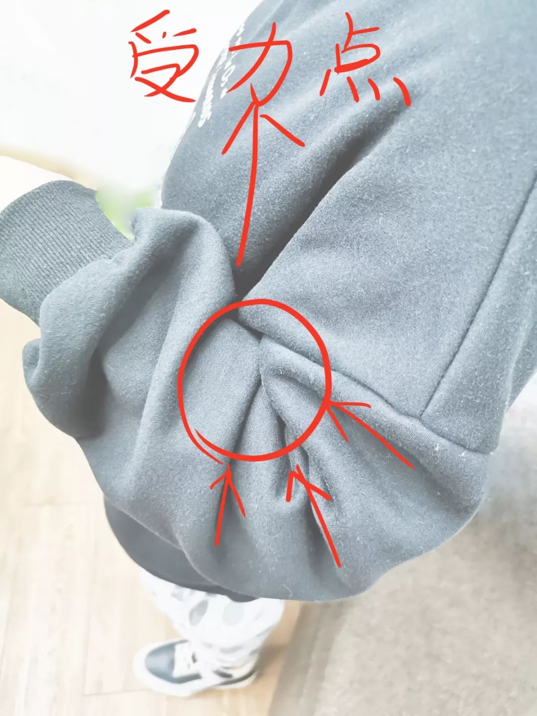 这叫受力点可以看到在手肘弯曲时很多线条向一个点聚拢,先来观察一下