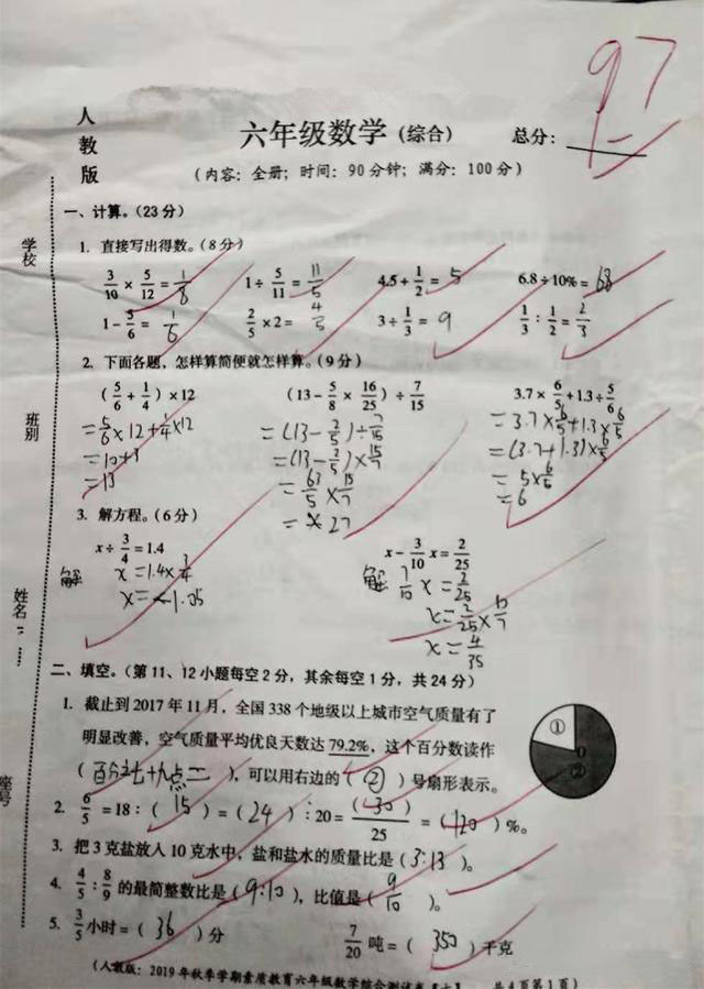 咯咯答六年级数学考试学生考了97分全班第一名家长直言老师教的好