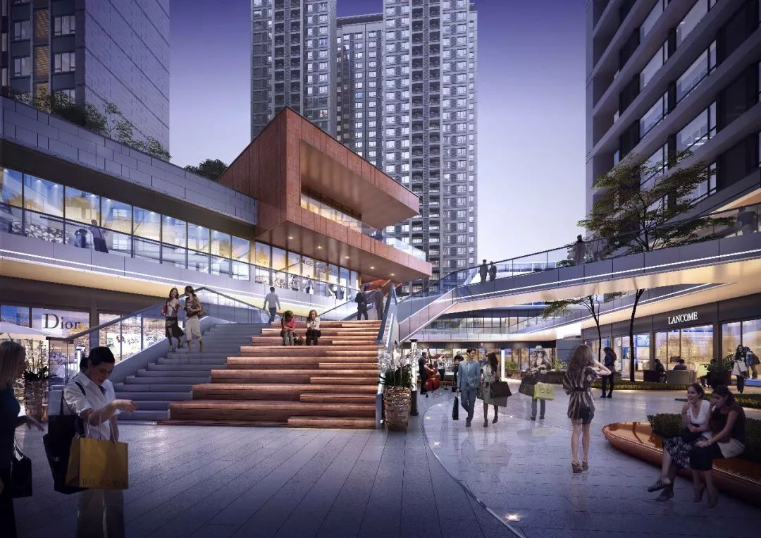 阶梯广场精心设计的商业立面通过转折,退台,交错,营造出自由丰富的