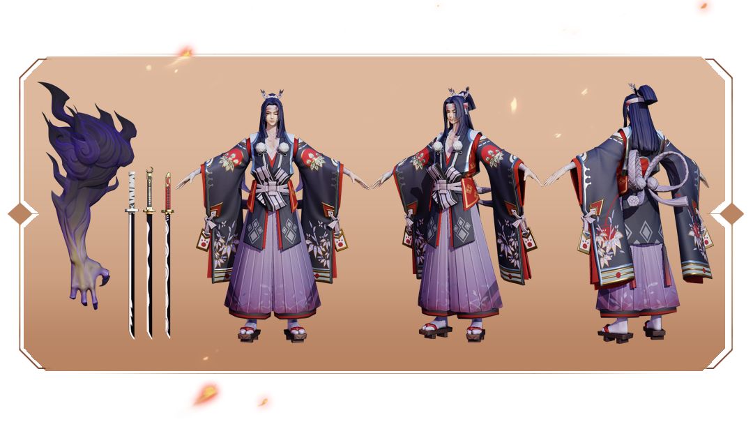 技能上围绕鬼切拥有三把佩刀和无视敌方防御效果的设定特点进行设计