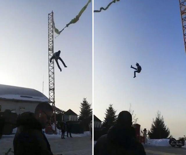 危险!哈萨克斯坦男孩被蹦极装置弹射到半空摔下