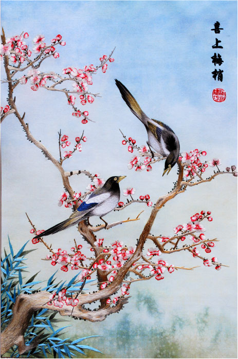 年画中有一种图案是专门用来报喜的——梅花与喜鹊组成的"喜上梅梢"