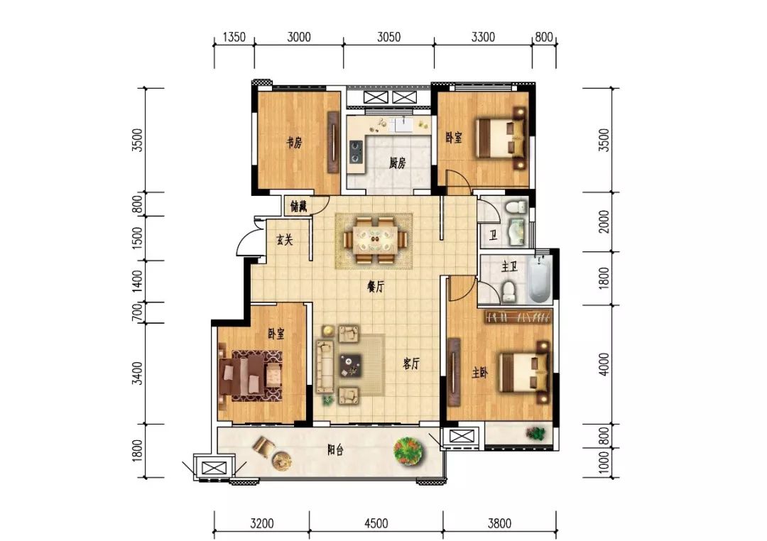 b2户型: 建筑面积约133㎡四室两厅两卫
