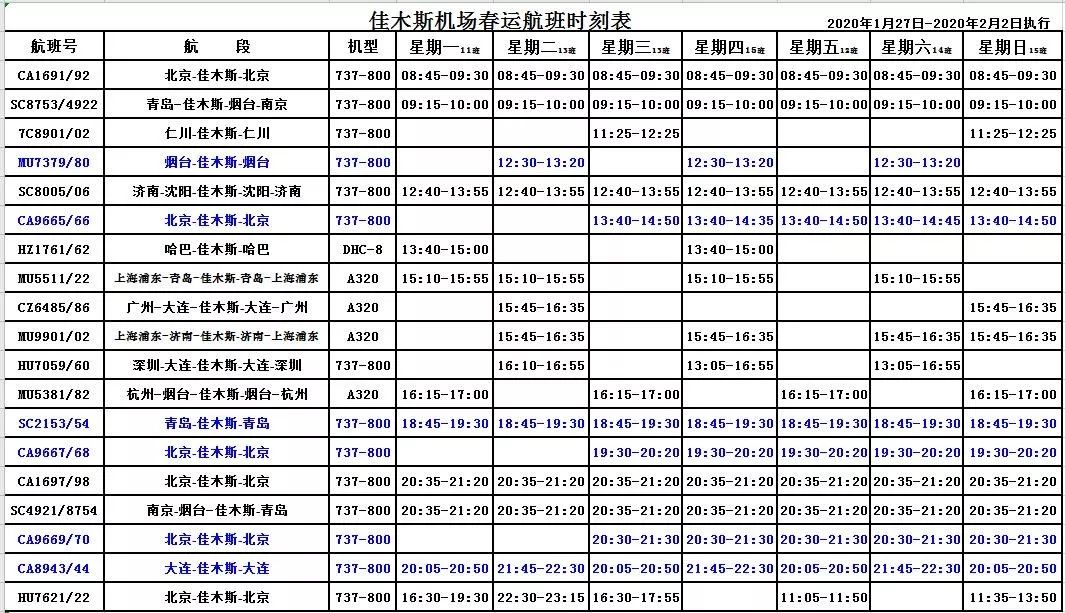 最新佳木斯機場春運航班時刻