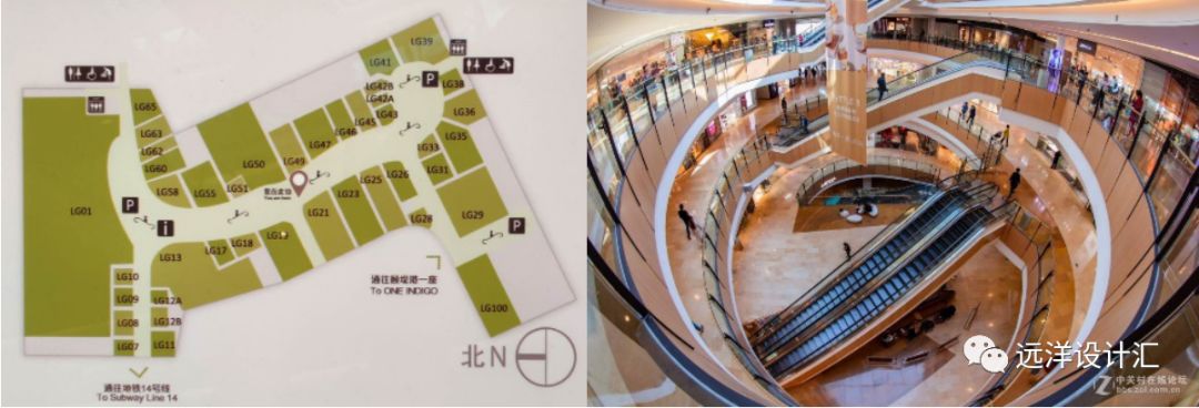 北京远洋颐堤港地铁层平面图(左)北京远洋颐堤港中庭空间(右)2.