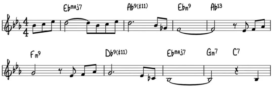 比如,d大三和弦在c7之上,构成c13(#11)另一个例子,ab大三和弦在c7之上