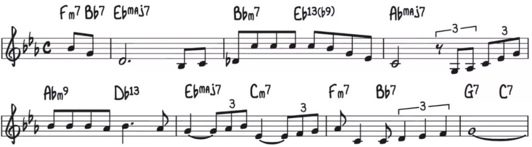 比如,d大三和弦在c7之上,构成c13(#11)另一个例子,ab大三和弦在c7之上