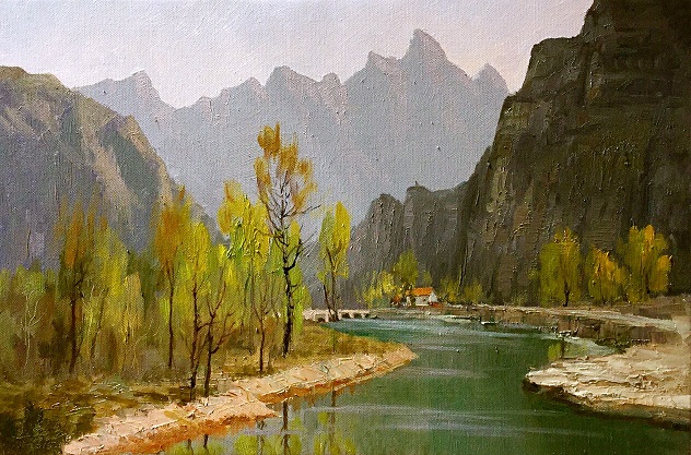 乡村美景入画来,青山绿水迎春到——王春红油画作品《迎春》鉴赏