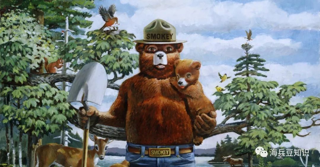 "防治山火爱护森林"而设计的卡通形象smokey,中文也译作"斯莫基熊",而