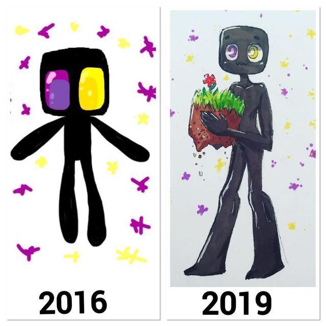 alex把自己16年与19年画的末影人做了比较,不仅仅是绘画能力的差距.