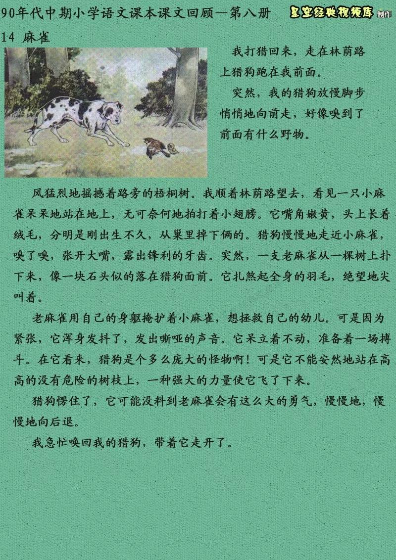 麻雀我打猎回来,走在林荫路上,猎狗跑在我的前面.
