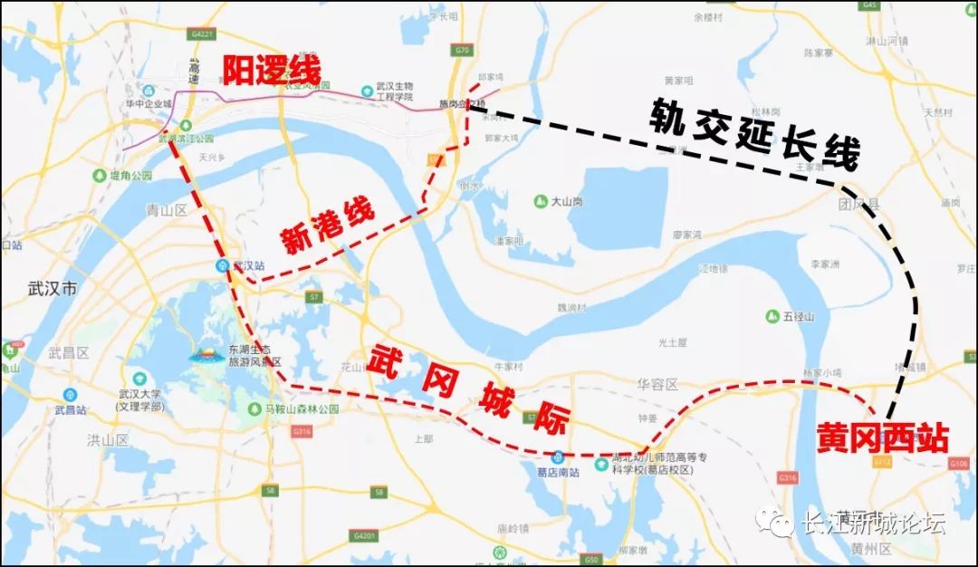 新港线,黄冈城际铁路三条轨道交通连成环线,建成汉口,武昌,新洲,团风