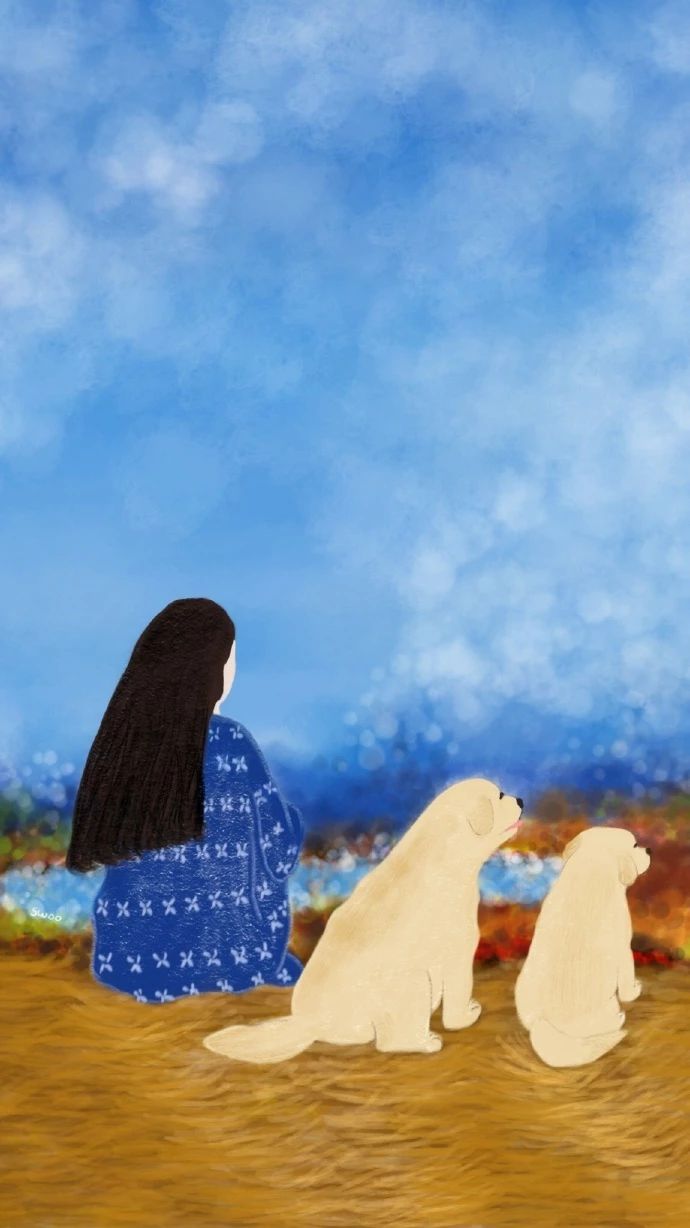 插画壁纸唯美人像落日黄昏星光都与你共享