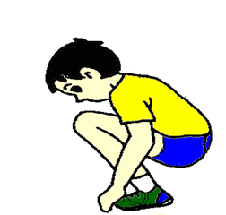 动作要领:蹲撑,两腿蹬直,同时曲臂,低头,提臀,团身向前滚翻.