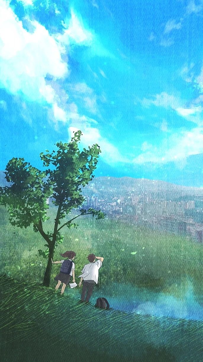 插画壁纸唯美人像落日黄昏星光都与你共享