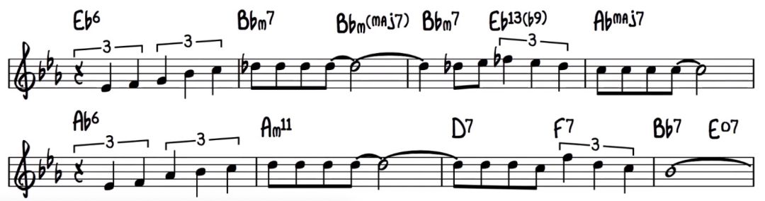 再看另一个例子,这是《misty》的桥段,可见eb13和弦上有b9 根音 b7音
