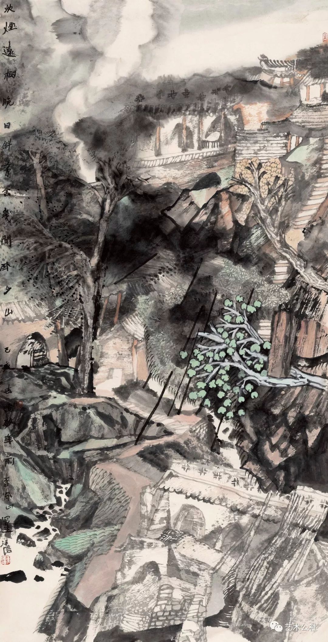 崔泽培 炊烟远树晚日斜 136x68cm李建设 故土风情 180x97cm石金库