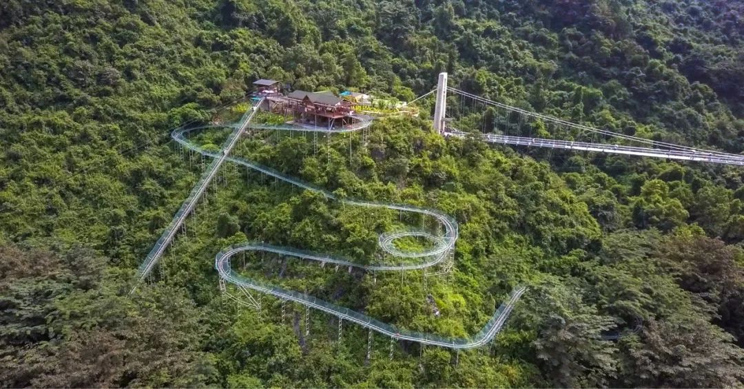 宝晶宫丛林飞车,全程 999米,坡度达85°,2个16米高空大回旋,穿行在