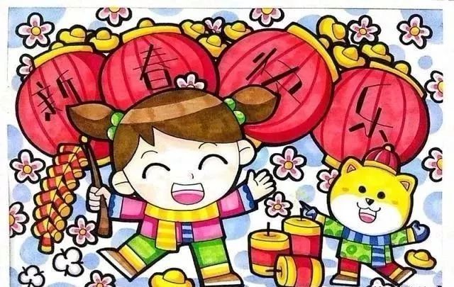 春节主题的儿童画,构图如下,多图详解