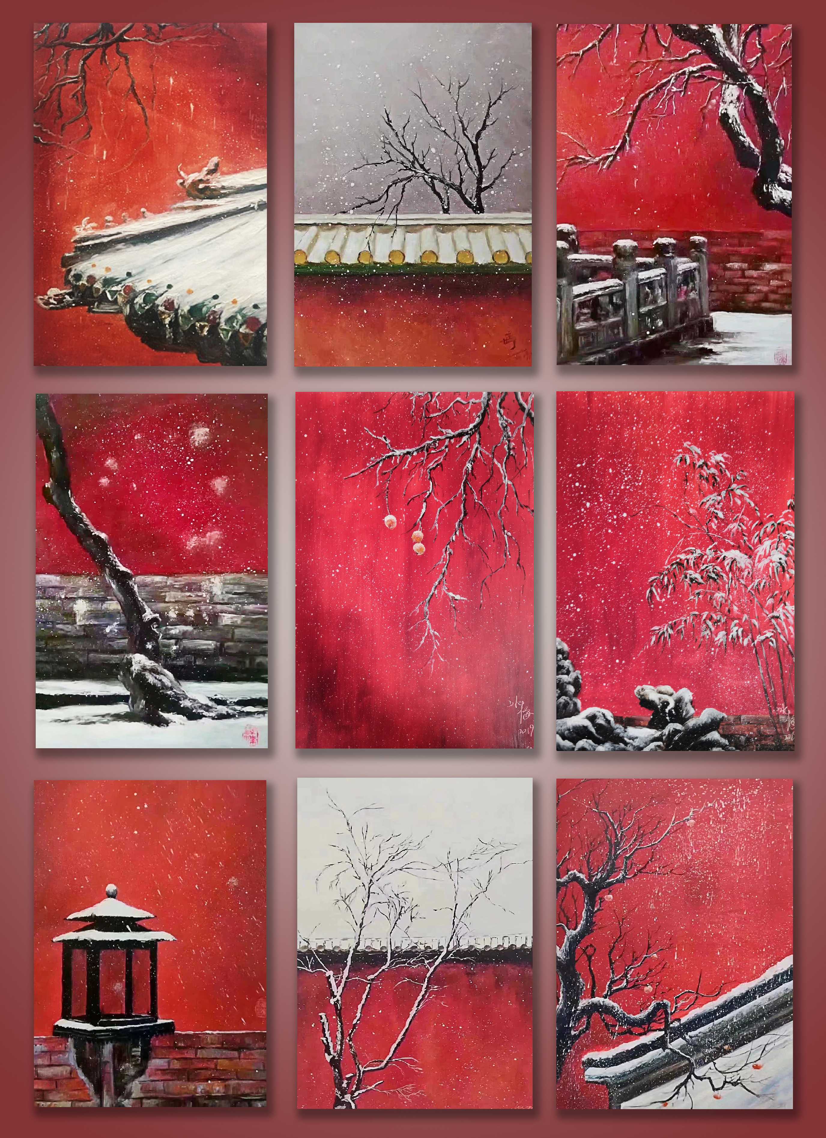 水彩故宫红墙雪景图片