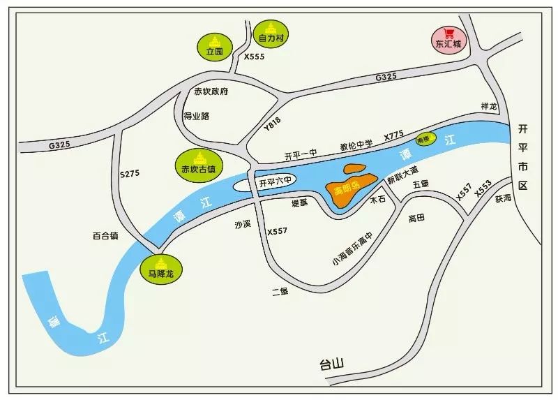 【交通指南】:开车导航开平市赤坎古镇影视城,再顺着高蓢岛路牌前行