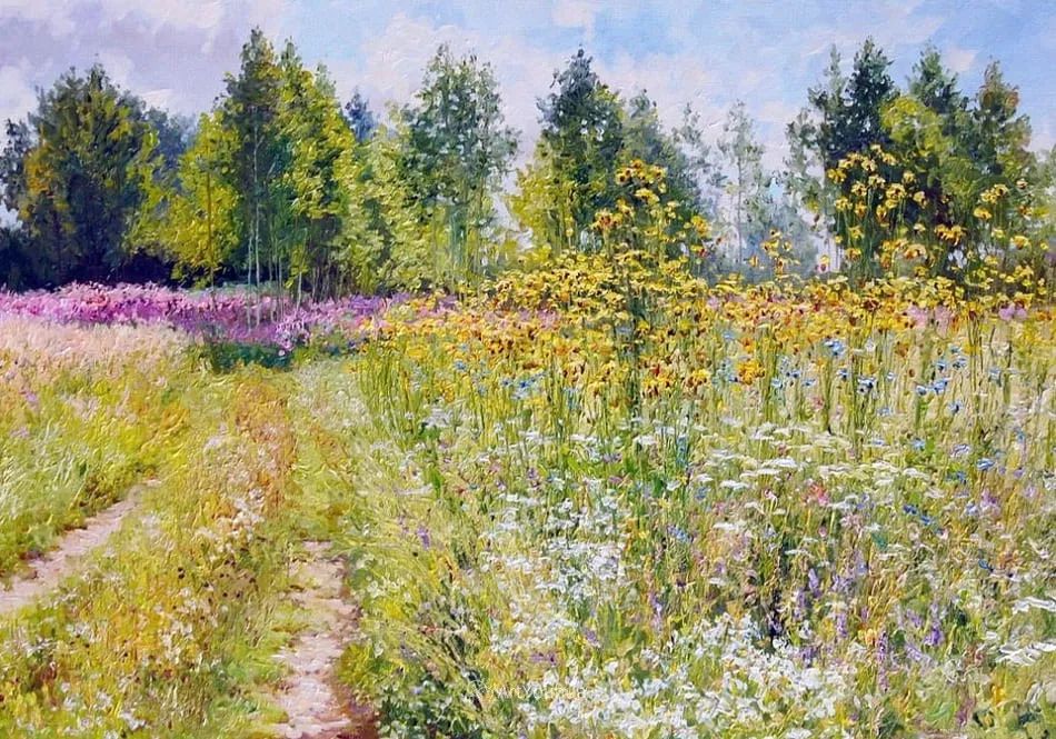 一个老实人 作品欣赏 油画欣赏 小碎花,宁静的乡村风景,白俄罗斯画家