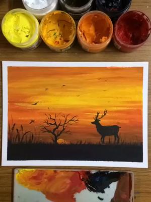 一幅超级简单的黄昏小鹿你一定学得会画画水粉画