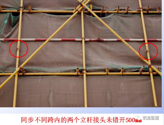 ②搭接长度不应小于1m,应采用不少于2个旋转扣件固定,端部扣件盖板的