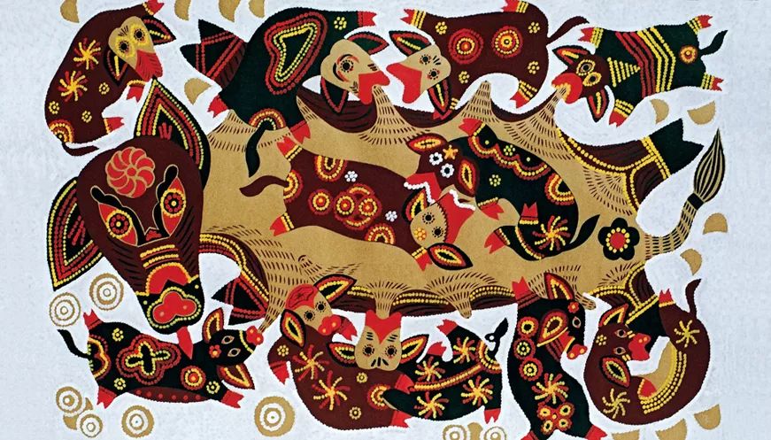 陕西农民画《母子情》.■ 徐州汉墓出土的陶猪和猪圈.