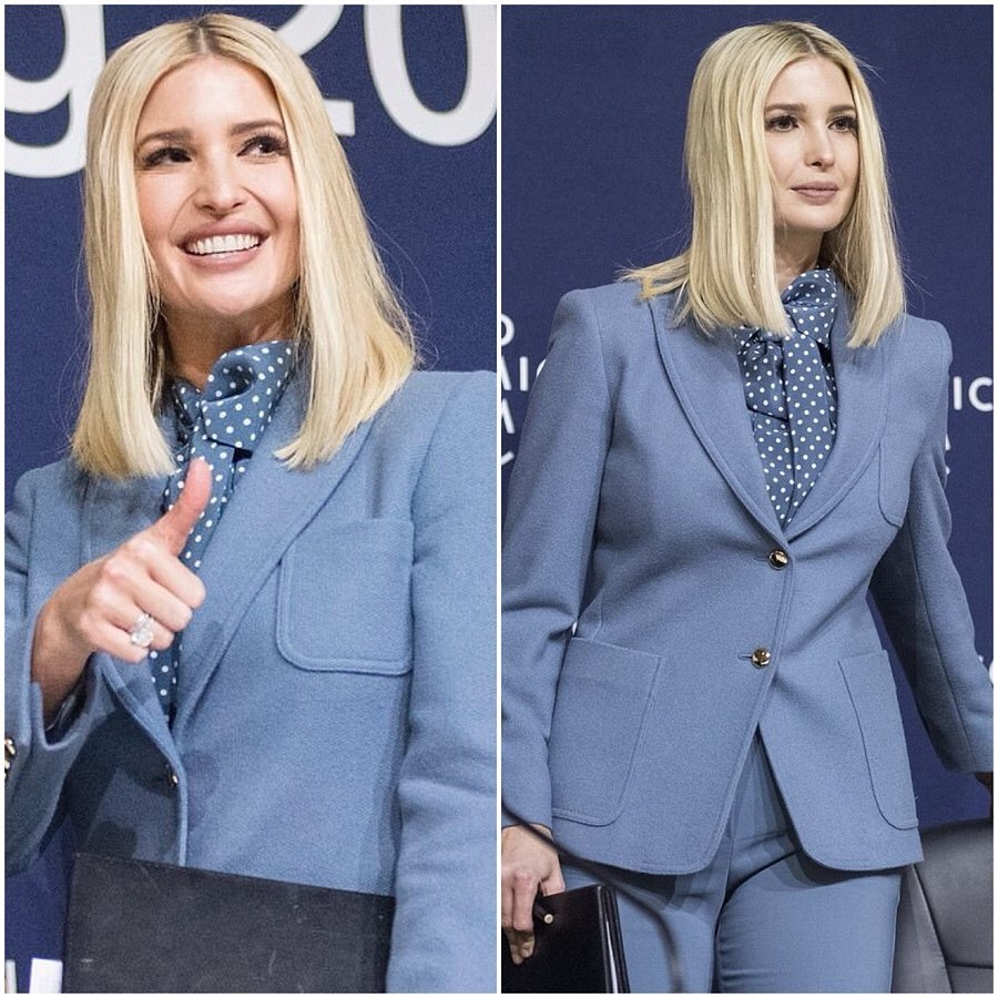 伊万卡品味暴跌,一身套装显水桶腰穿成老阿姨,38岁法令纹太抢镜