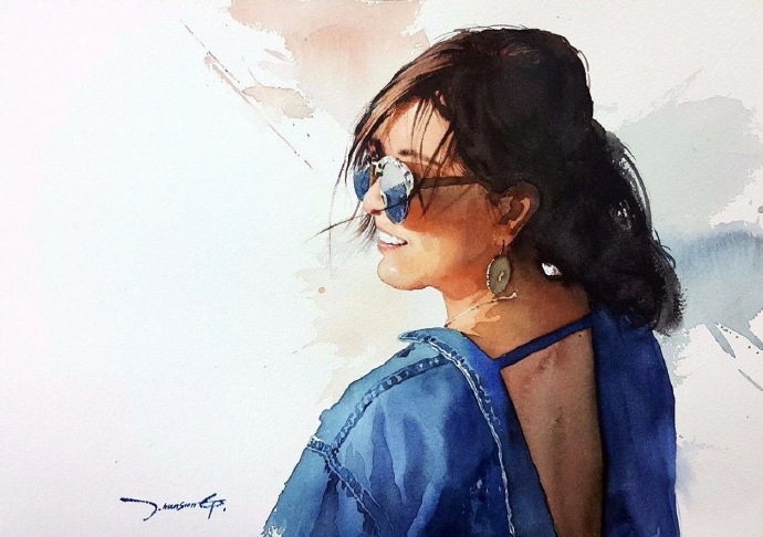 水彩画家junghunsung用笔轻松干练色彩干净明快的水彩人物肖像