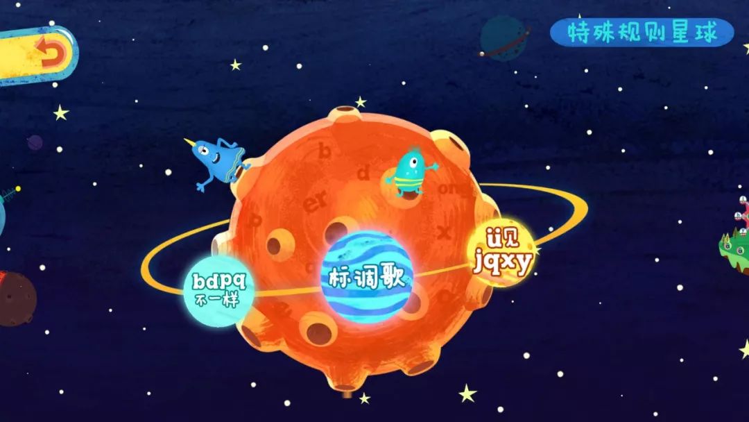 点点首页的"播放按钮"进入拼音宇宙,特殊规则星球,就位于韵母aoe岛的