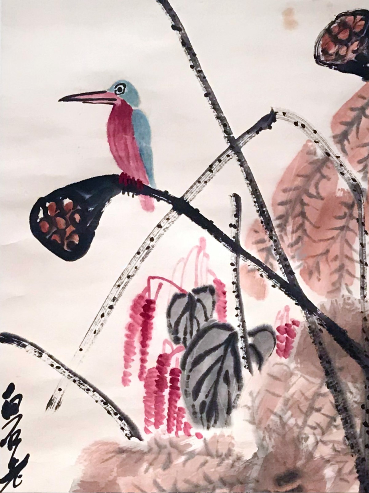 齐白石-荷塘翠鸟(局部)▲王雪涛-松雉(无年款)96.