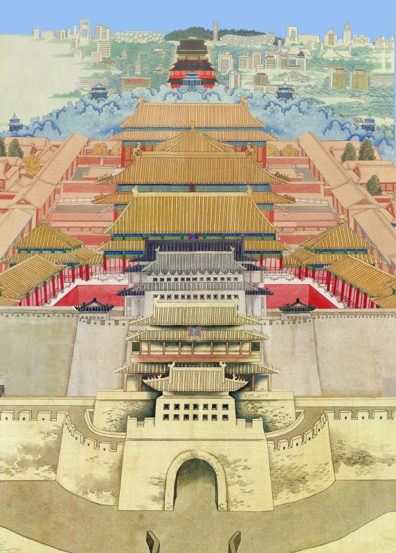 北到钟鼓楼,串联着外城,内城,皇城和宫城四重城,用跌宕起伏的建筑形象