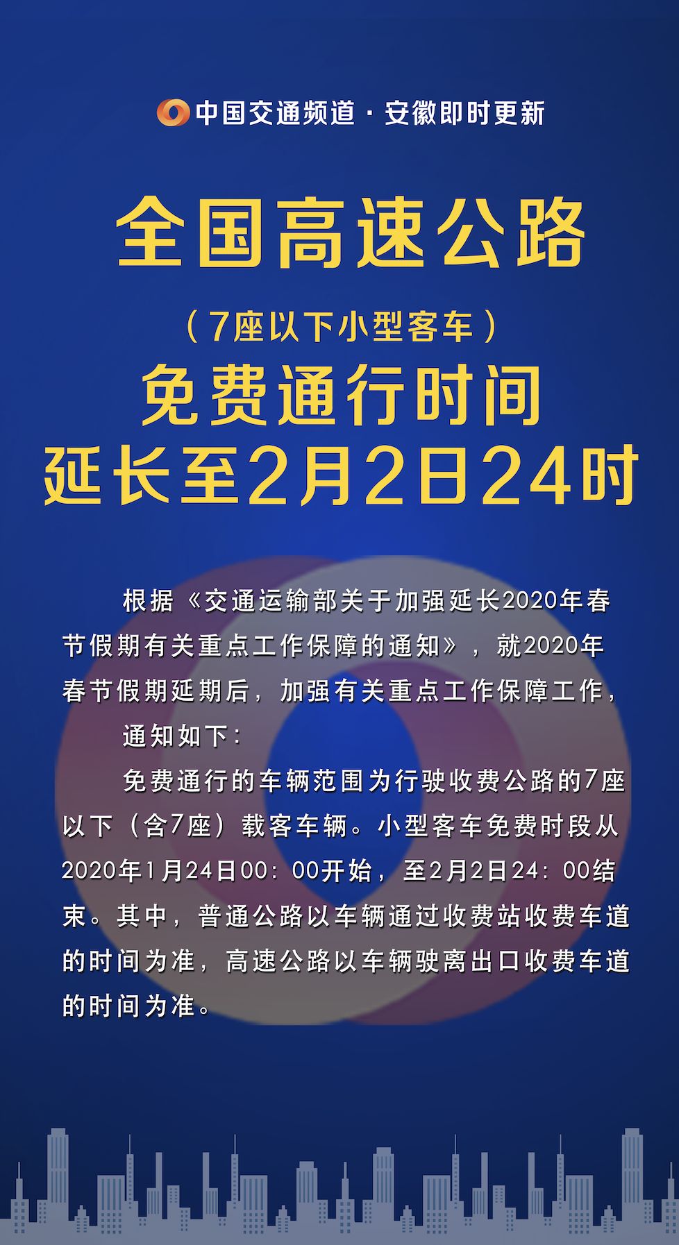 重要速报:全国高速公路免费通行时间延长至2月2日24时!