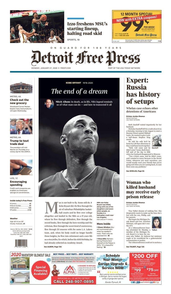 原创美国和周边23家最大报刊封面版报道科比布莱恩特不幸去世