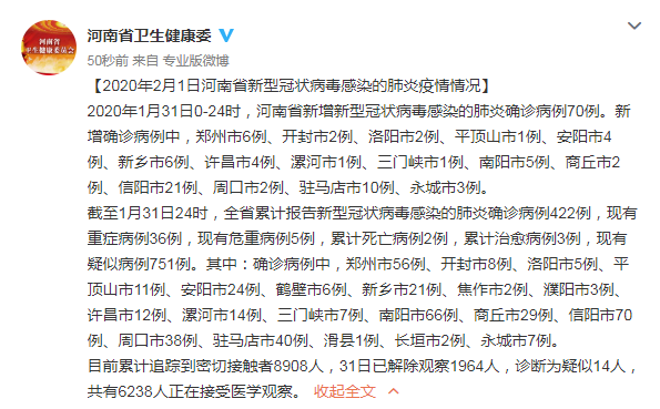 河南省新型冠状病毒感染的肺炎疫情情况2020年2月1日(来源:国家卫健委