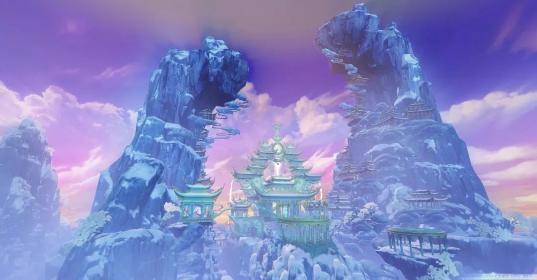 千山暮雪峰顶紫霞曜宫殿幻若仙境茫茫云海延伸天际山峰在流云中若隐若