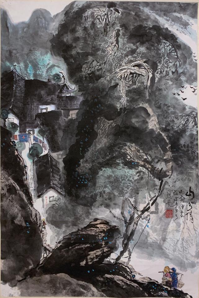 1985年青山頌 129x67cm 1989年張際才,1940生,江西贛南人,山水畫家,著