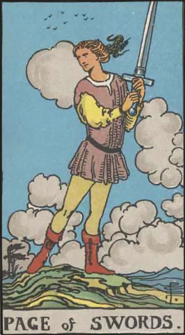 解析:牌面上的宝剑侍者,手握着宝剑,机警地看向四周.