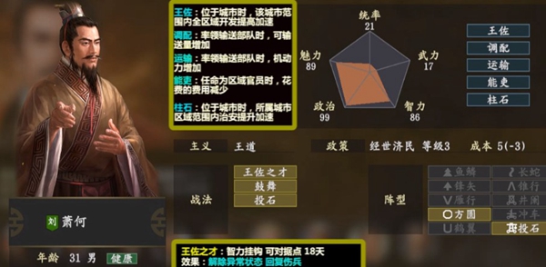 三国志14萧何数据图鉴古武将萧何五维战法一览