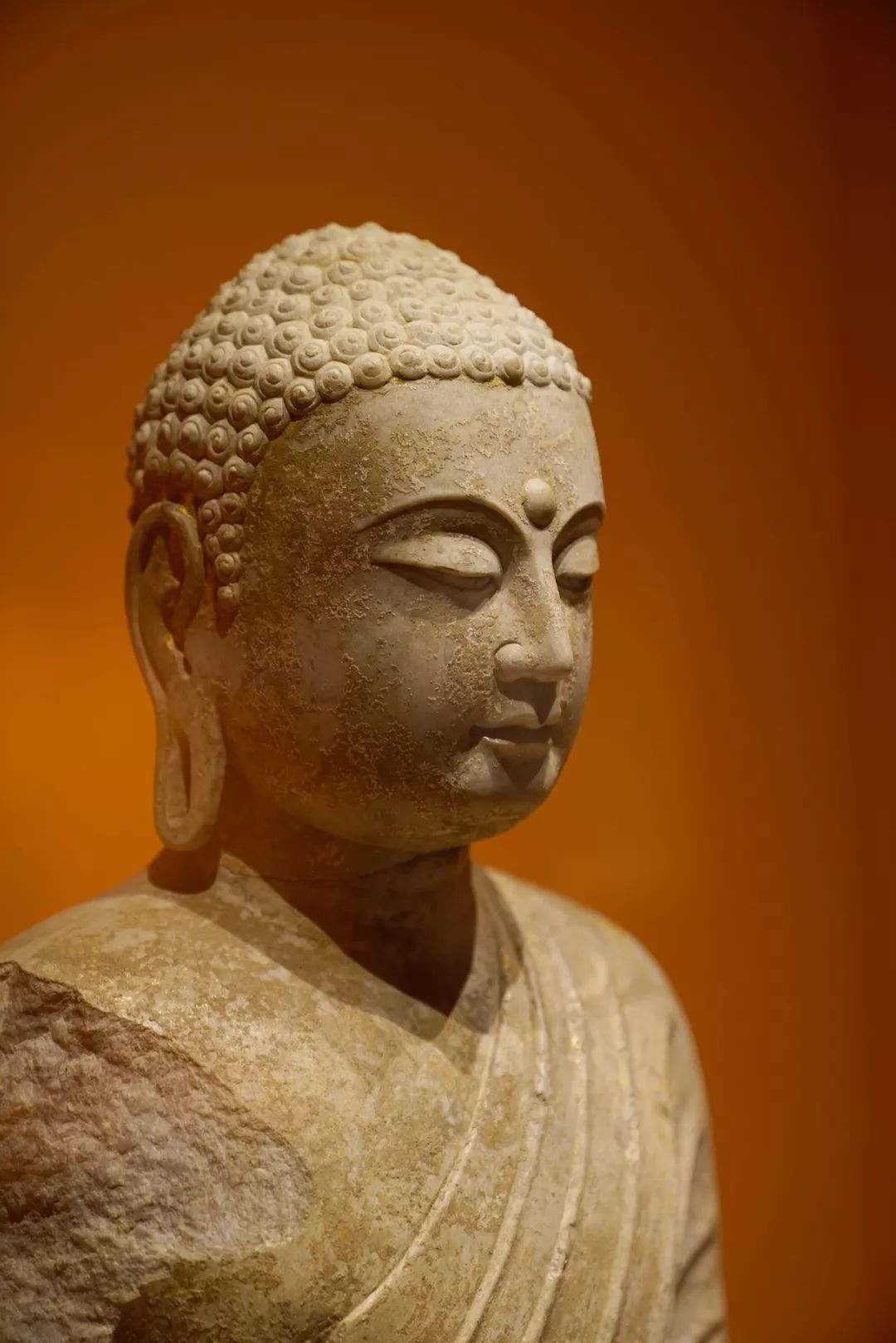 主尊面相椭圆,螺髻,身着袒右袈裟,以彩绘和贴金勾勒出福田衣纹,内着僧