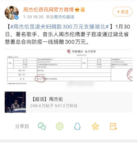 周杰伦夫妇低调驰援武汉!捐款300万后,首次发声