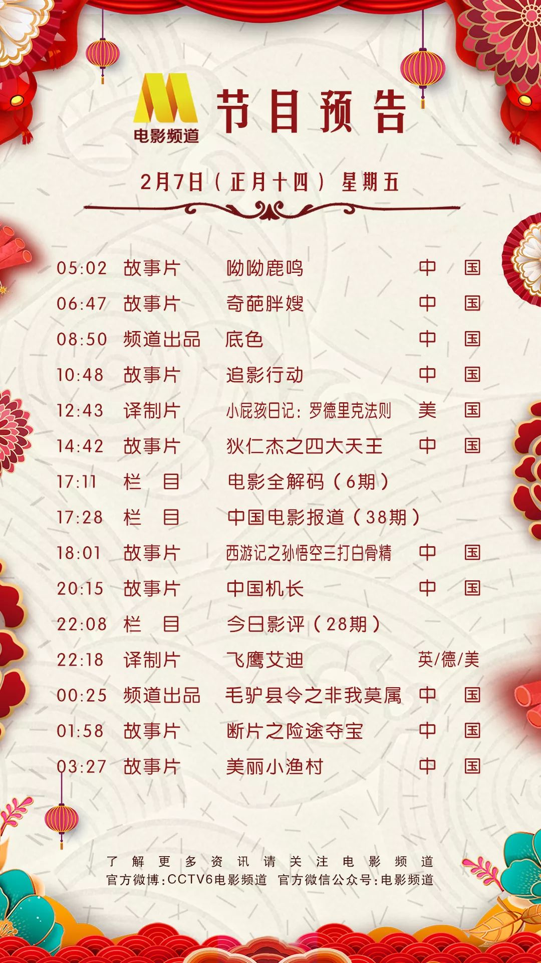 2月7日(正月十四)cctv6节目预告