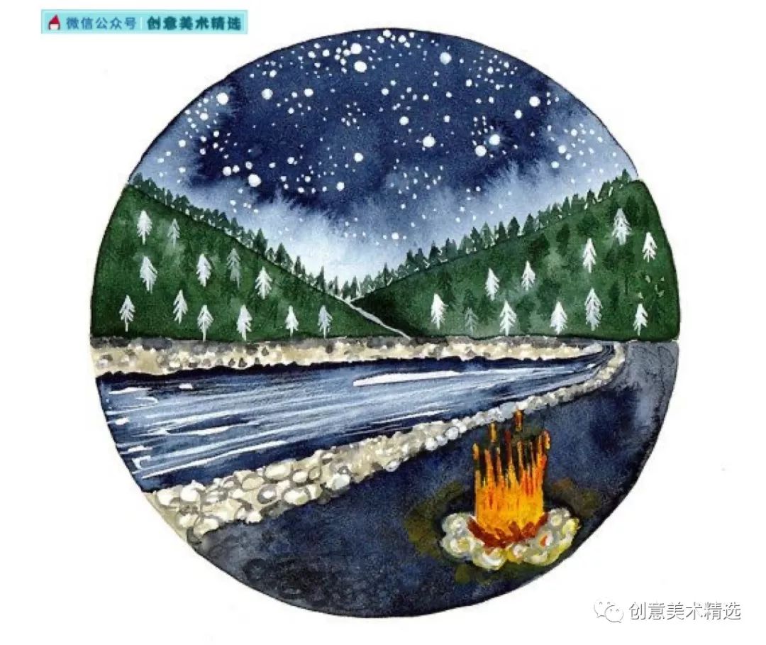 素材分享圆形构图水彩画作品