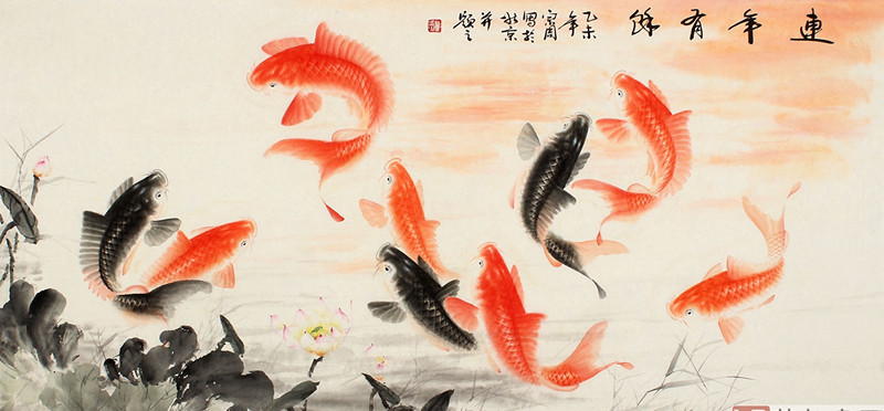 水为财,而鱼又有着连年有余的吉祥喻意,所以双鱼嬉水图,九鱼图最适宜