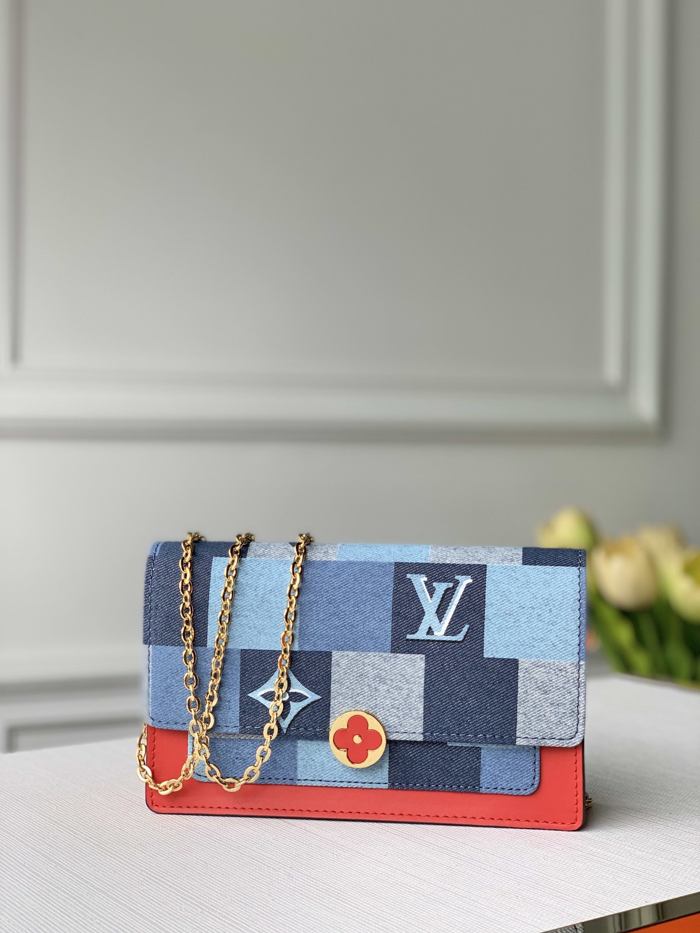 lv2020新款原单海军蓝牛仔布flore链条钱夹斜挎包m63096