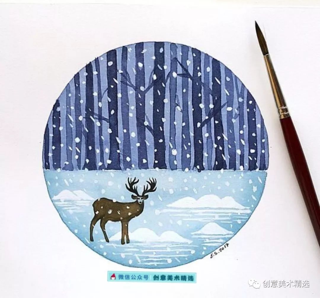 素材分享圆形构图水彩画作品