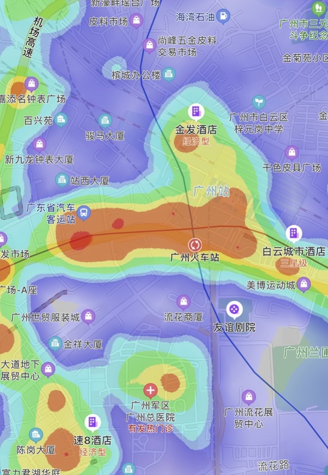 复工第一天,热力图中的广州:珠江新城中心区域人流提升明显